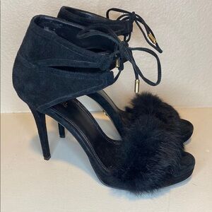Michael Kors Black Heeled Rabbit Fur Sandals